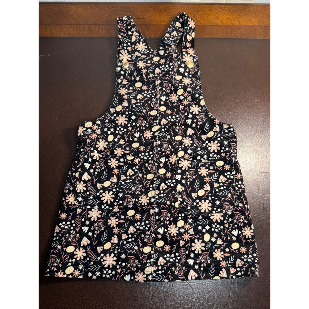Old Navy Girls 2T Black Floral Corduroy Pinafore Jumper Dress Pockets RN 75343